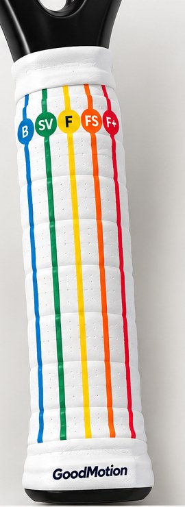 Concept render of the MotionGrip 360 sleeve on a racquet handle with green, blue, yellow, orange and red vertical lines